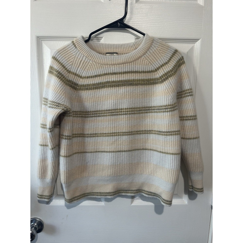 J. Crew Cashmere ribbed crewneck sweatshirt in stripe XS BF015 Pearl Oyster Ash